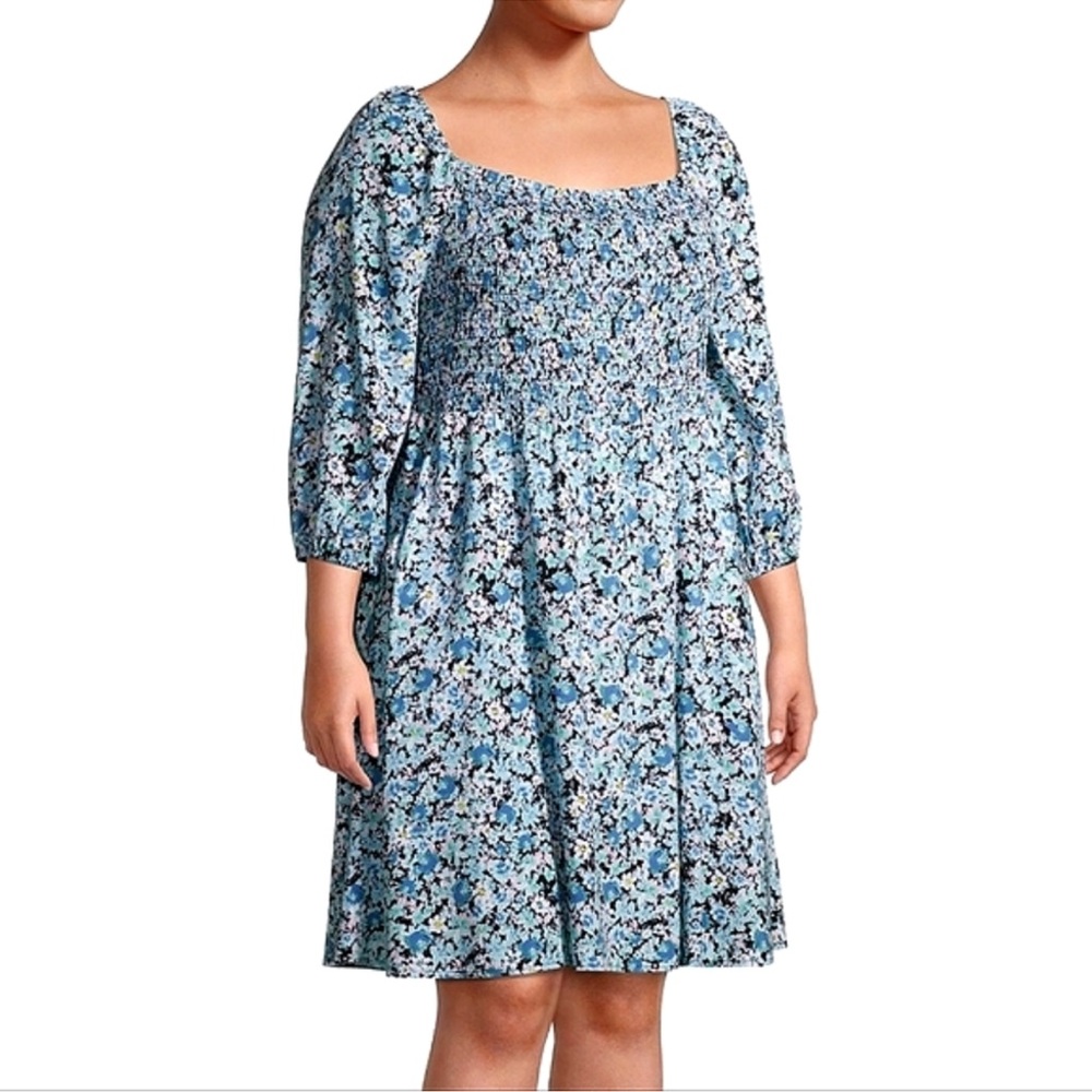 Terra & Sky Blue Floral Smocked Square-Neck Midi Dress